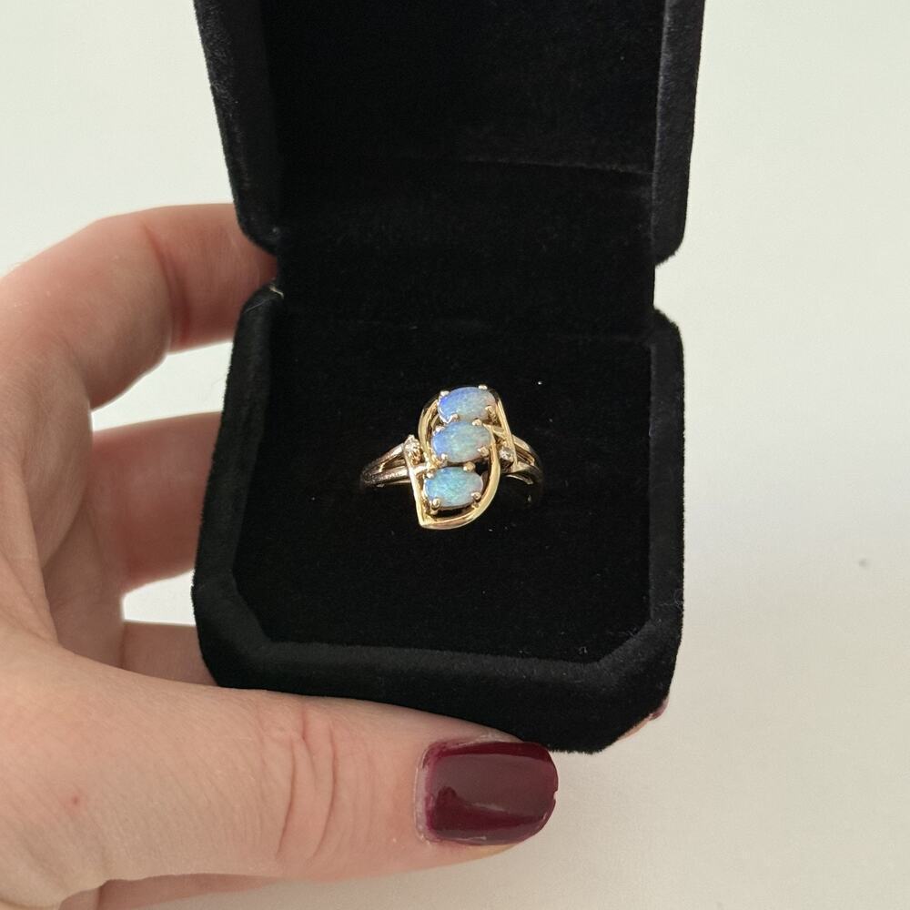 14K Yellow Gold Fire Opal 3 Stone Diamond Band Ring Size 6 - Picture 6 of 16